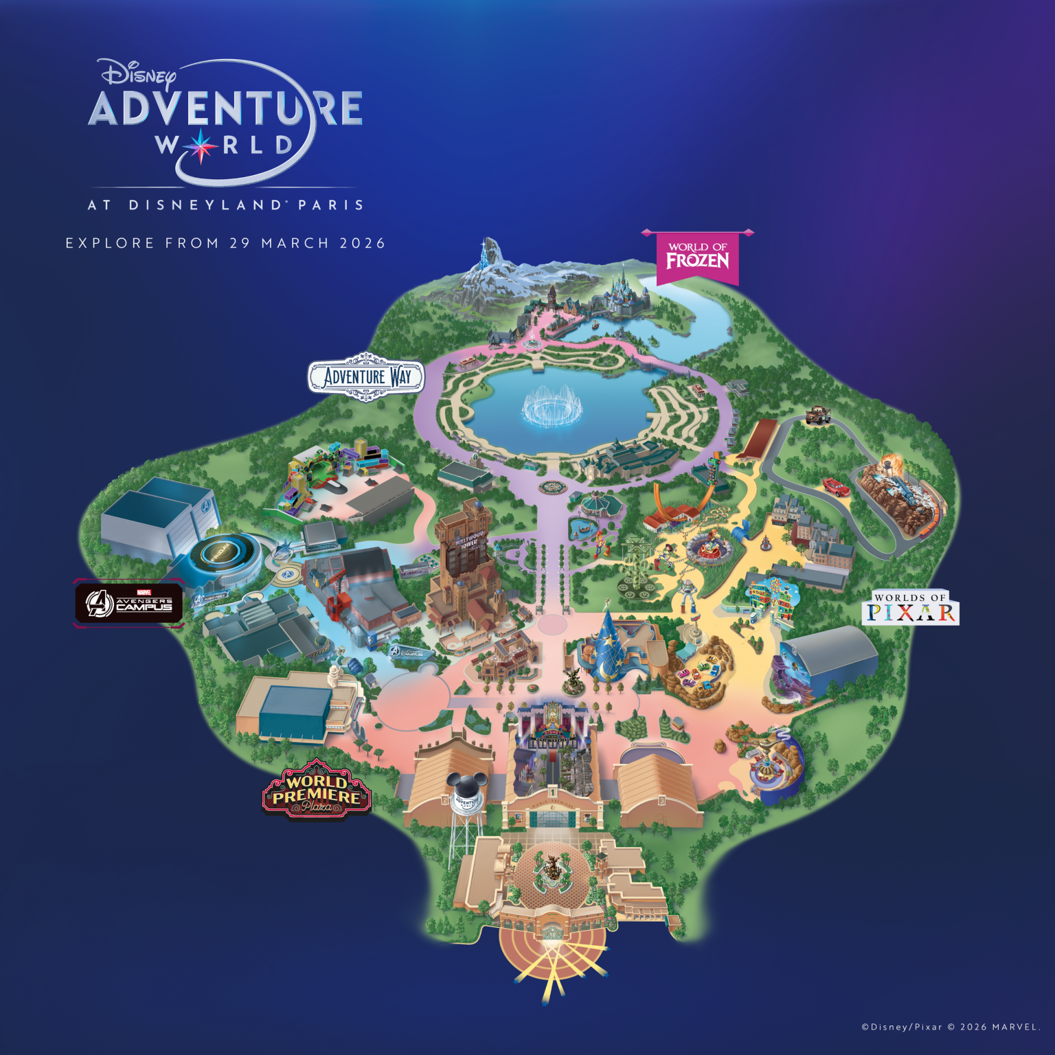 Mapa conceitual do Disney Adventure World em 2026 com World of Frozen, Adventure Way, Marvel e Pixar