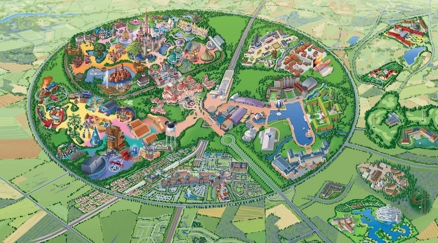 Mapa geral da Disneyland Paris com Disneyland Park, Disney Adventure World, hotéis e Disney Village