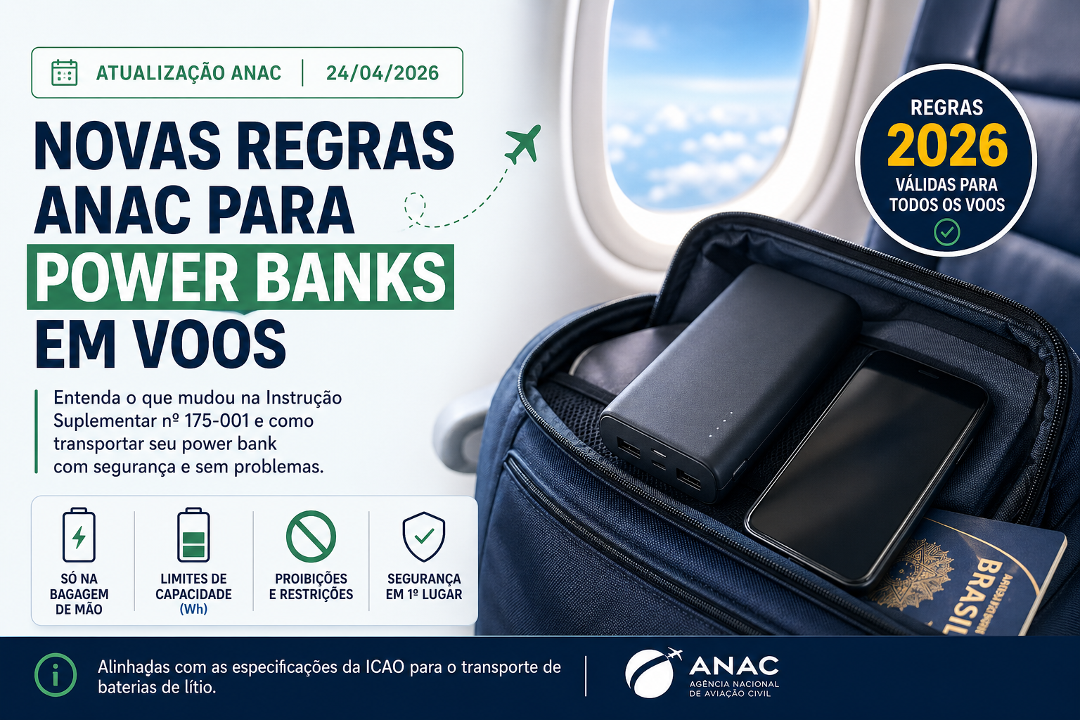 Infográfico com os limites de capacidade de power banks permitidos em voos segundo a ANAC 2026